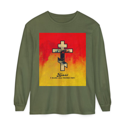 Behold, I Make All Things New (Revelation 21:5) | Cosmic Orthodox Cross on Red and Yellow Background | Orthodox Christian Long Sleeve Shirt
