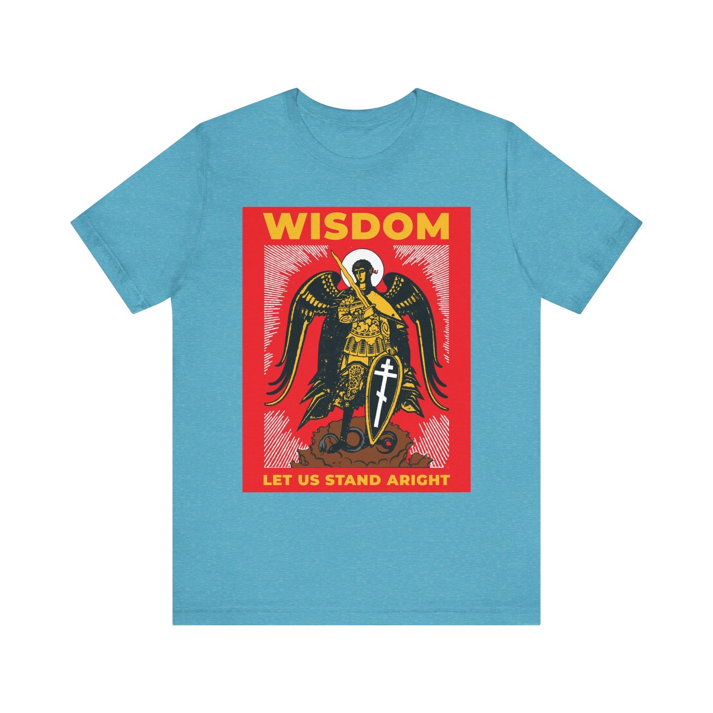 Heather Aqua unisex tee featuring Archangel Michael the Warrior with shield & sword, Russian Orthodox illustration, inspired by Revelation 12, and the words "WISDOM" and "Let Us Stand Aright" below.