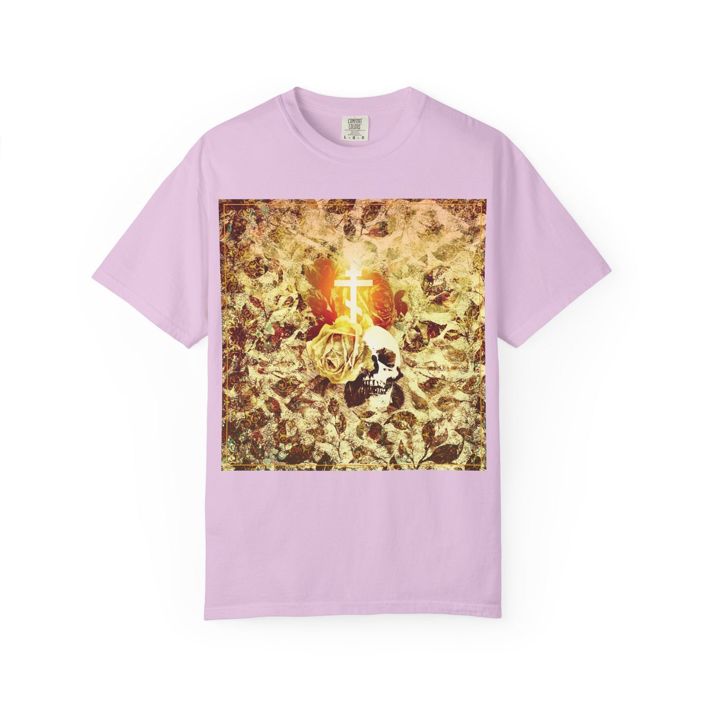 Orchid heavyweight cotton unisex tee featuring the Rose & Skull Glowing Orthodox Cross design—a striking Gothic Christian graphic with a rose, skull, and gold-toned floral texture evoking the valley of dry bones from Ezekiel.