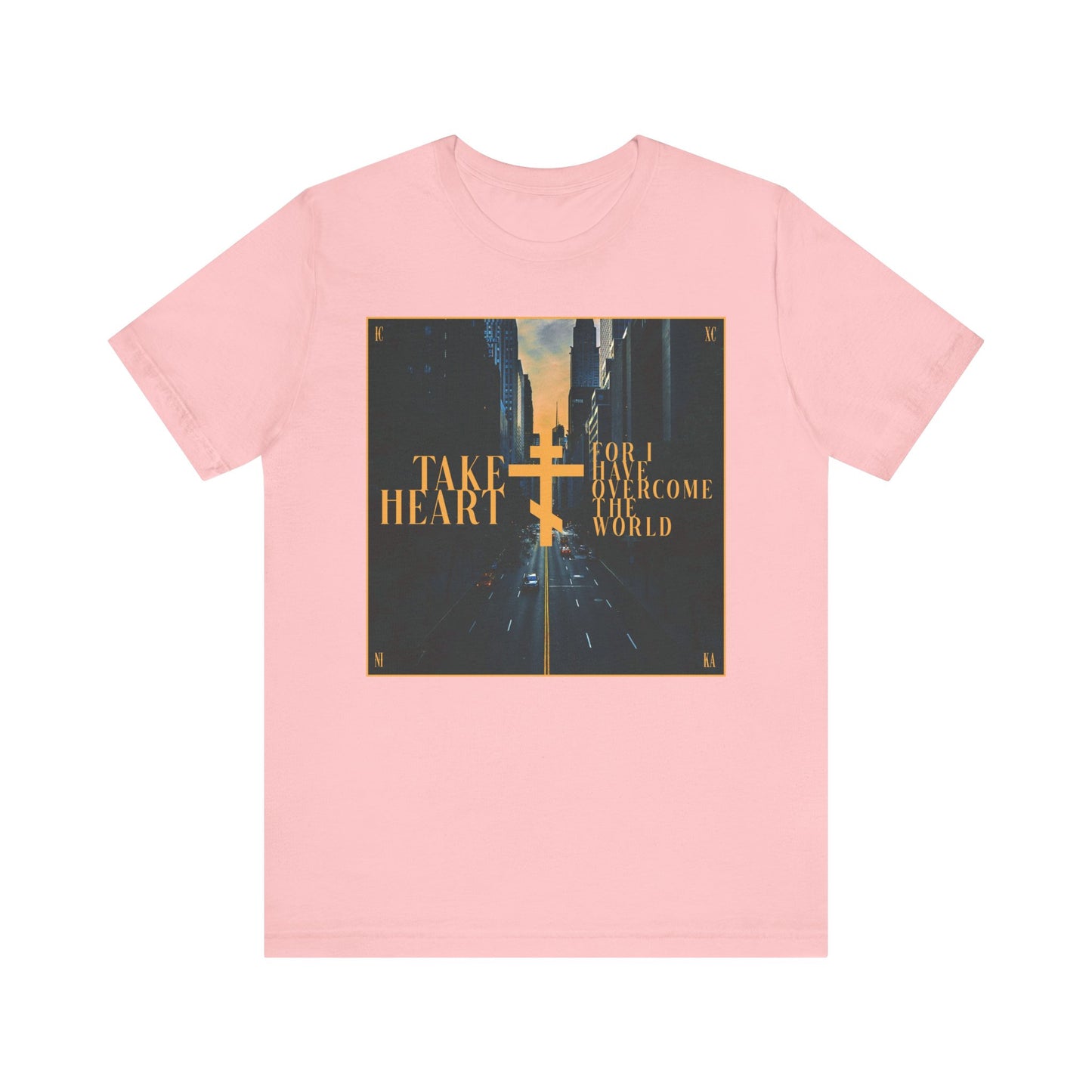 Take Heart, For I Have Overcome the World (John 16:33) | Redemptive Modern City Street Scene Design | Lightweight Cotton Unisex Tee