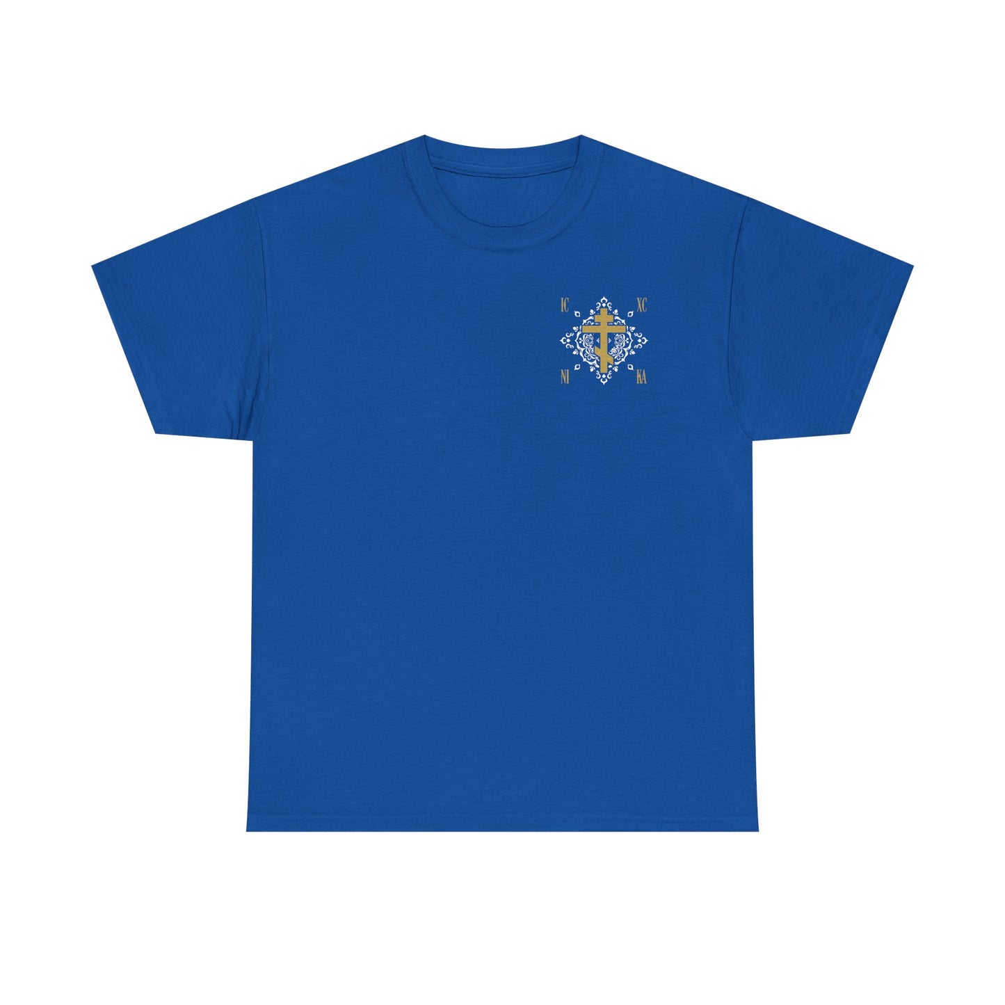 Royal tee with a small gold Orthodox Cross ICXC NIKA and white medieval ornate floral pattern on the left chest, symbolizing "Jesus Christ Conquers." Midweight cotton unisex design.