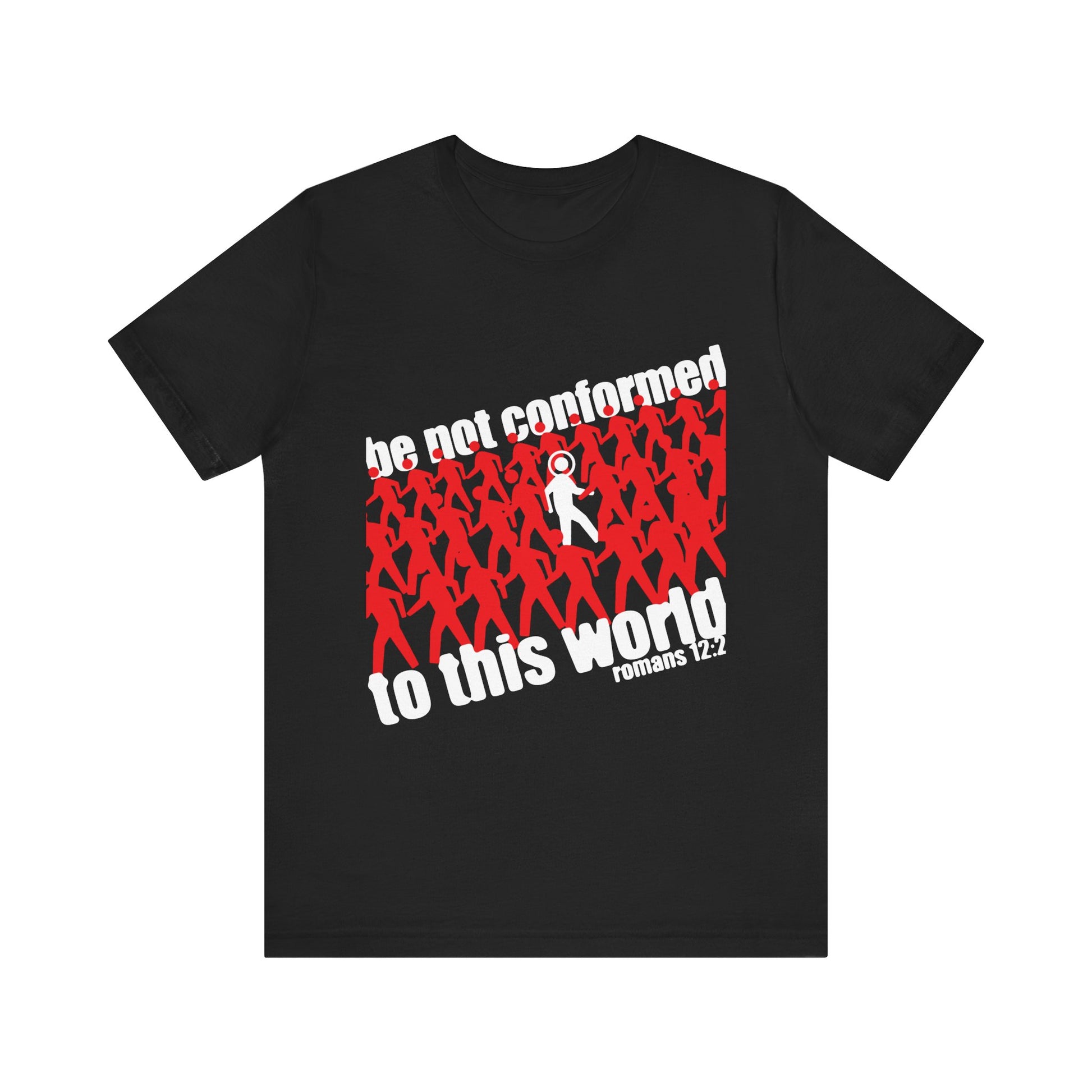 Black “Be Not Conformed to This World (Romans 12:2)” Orthodox Christian tee with red and white figures, featuring a call to reject the modern world and renew your mind. Lightweight cotton unisex shirt.