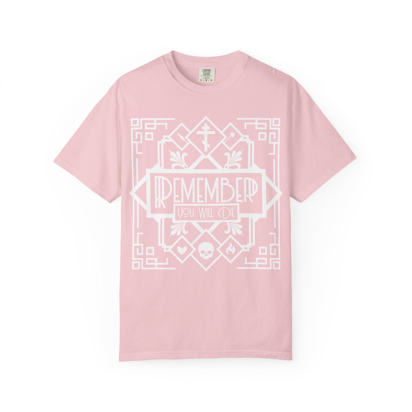 Remember You Will Die Art Deco Design | Black and White Line Art | Skull Heart Fire | Memento Mori | Heavyweight Cotton Unisex T-Shirt