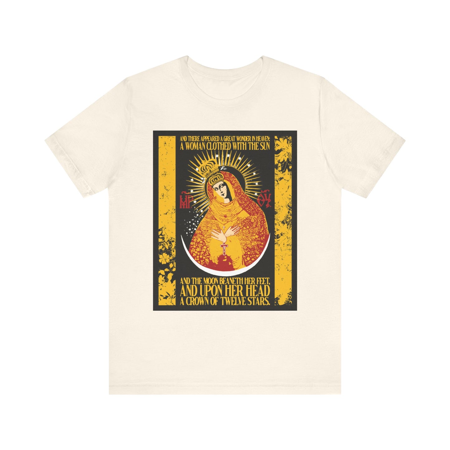 Natural lightweight cotton unisex t-shirt featuring Our Lady the Gate of Dawn in a gold floral texture design, inspired by the Woman of the Apocalypse (Rev 12:1), crowned and radiant as Theotokos.