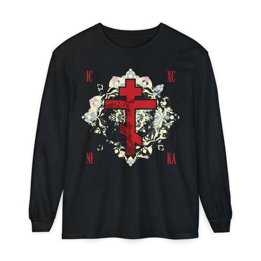 Black Orthodox Christian long sleeve featuring a textured red ICXC NIKA cross, medieval floral background, and Greek letters for "Jesus Christ Conquers," inspired by St. John of Kronstadt’s endurance for Christ.