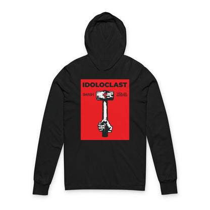 Black hoodie featuring the Idoloclast Idol-Smasher design: a Jesus NIKA fist with sledgehammer on a red background. Christian ascetic “Smash Your Passions” theme, inspired by Orthodox tradition.