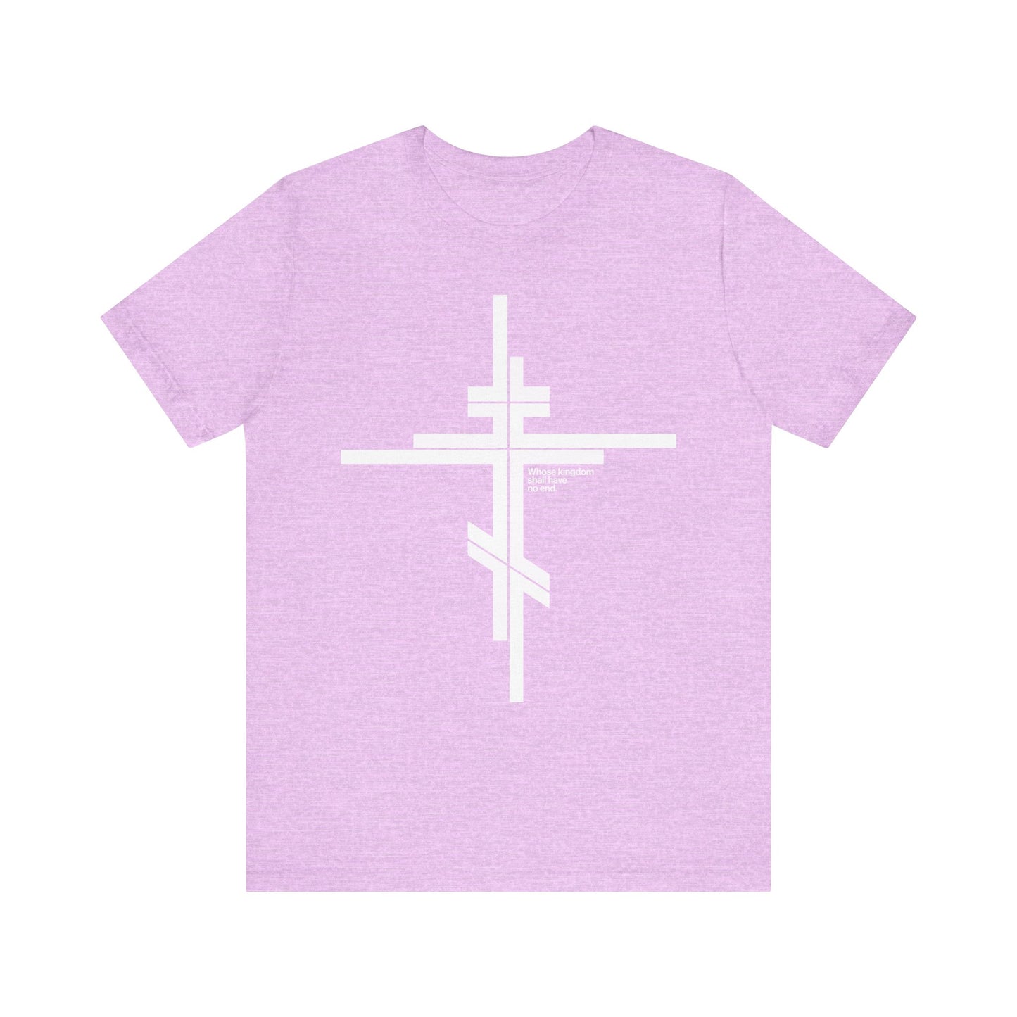 Heather Prism Lilac unisex t-shirt featuring a bold white Orthodox cross in a modernist minimalist logo style centered on the front, inspired by Luke 1:32-33 and symbolizing the Kingdom that shall have no end.