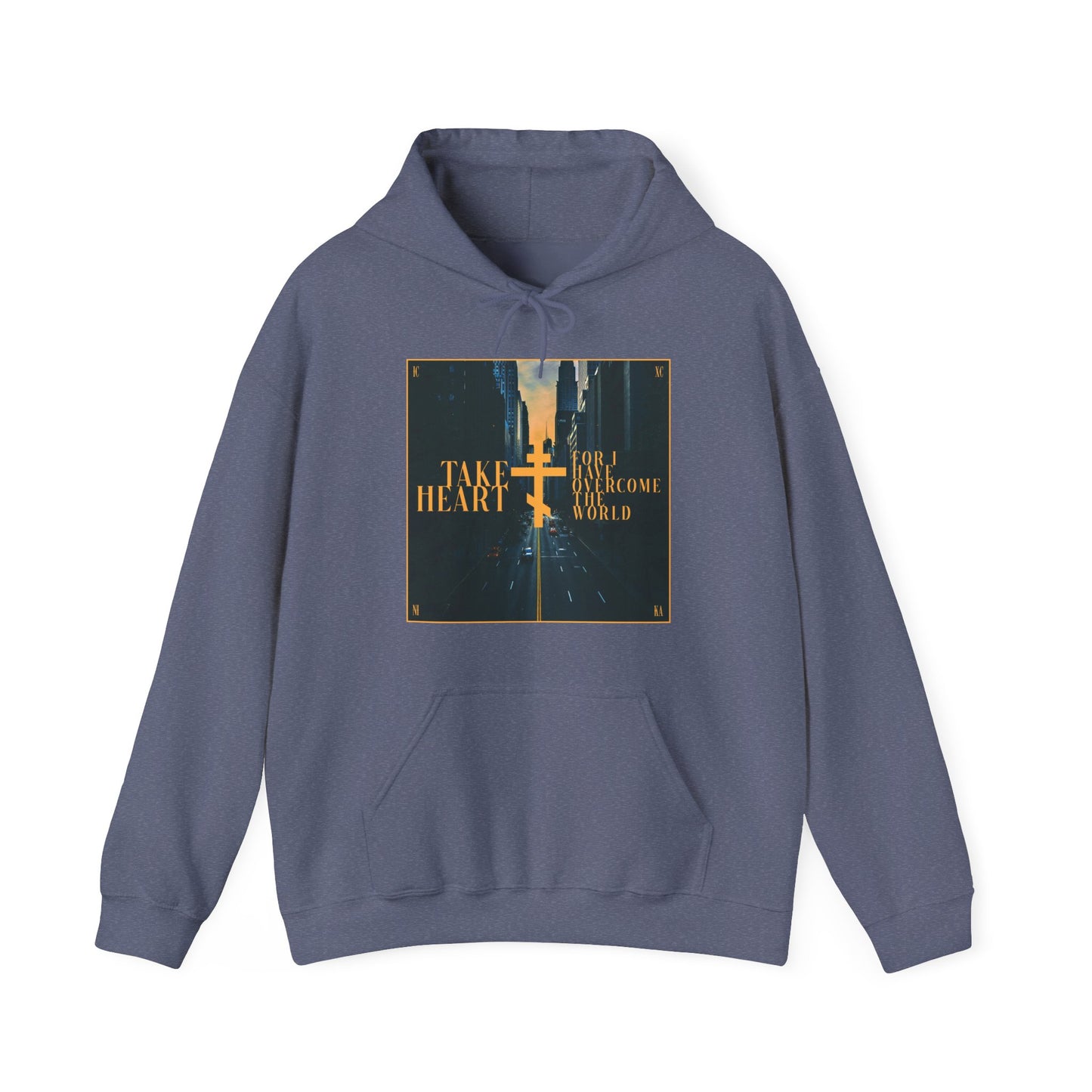 Heather Navy hoodie featuring a modern city street scene and “Take Heart, For I Have Overcome the World” (John 16:33)—an Orthodox Christian reminder of joy amid sorrow.