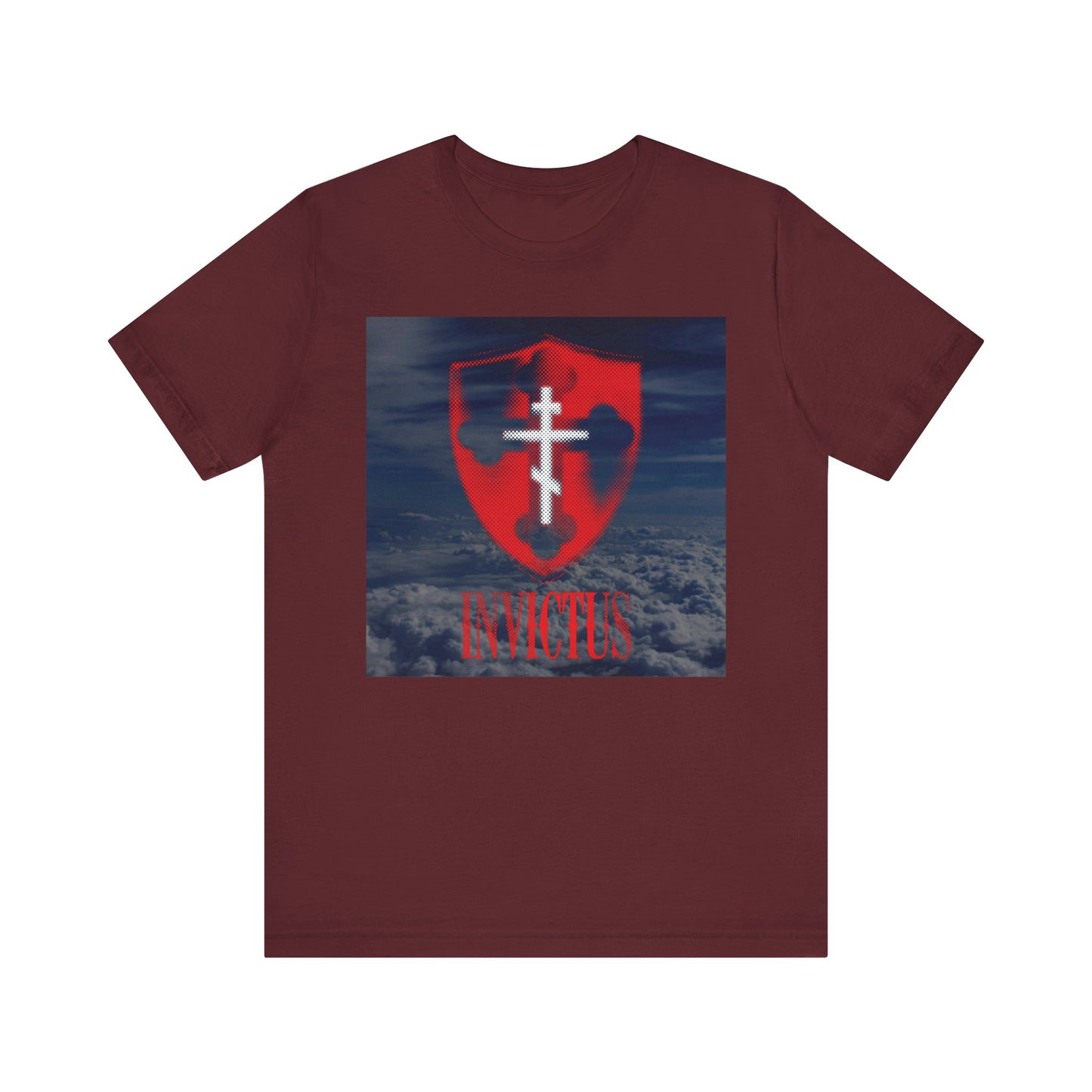 Experience the maroon "Invictus White Orthodox Cross" tee, featuring a glowing red halftone shield and clouds background, with the message "Death is swallowed up in victory," inspired by 1 Corinthians 15:54—part of the Christ Unconquered collection.