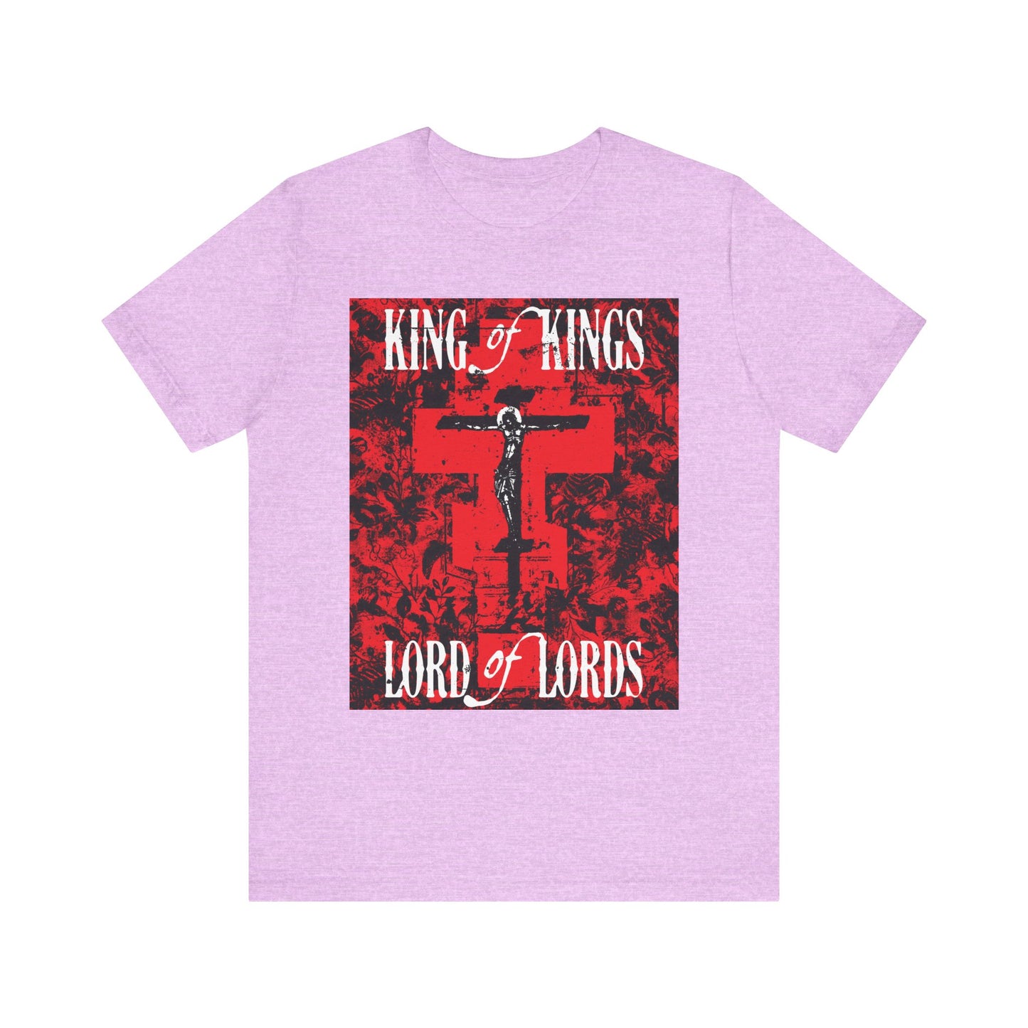 King of Kings, Lord of Lords | Christ Crucified Icono-Graphic | Red Cross Nature Texture w/ White Text | Lightweight Cotton Unisex Tee