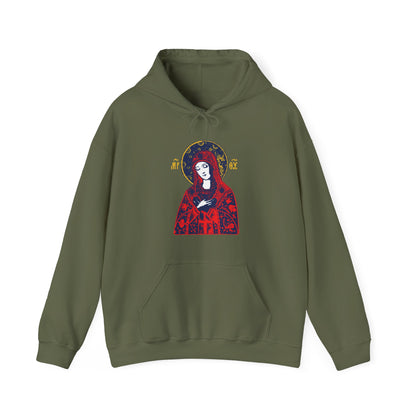 Joy of All Joys Tenderness Theotokos Iconographic Based on Traditional Orthodox Iconography | Bright Red Design | Orthodox Christian Hoodie