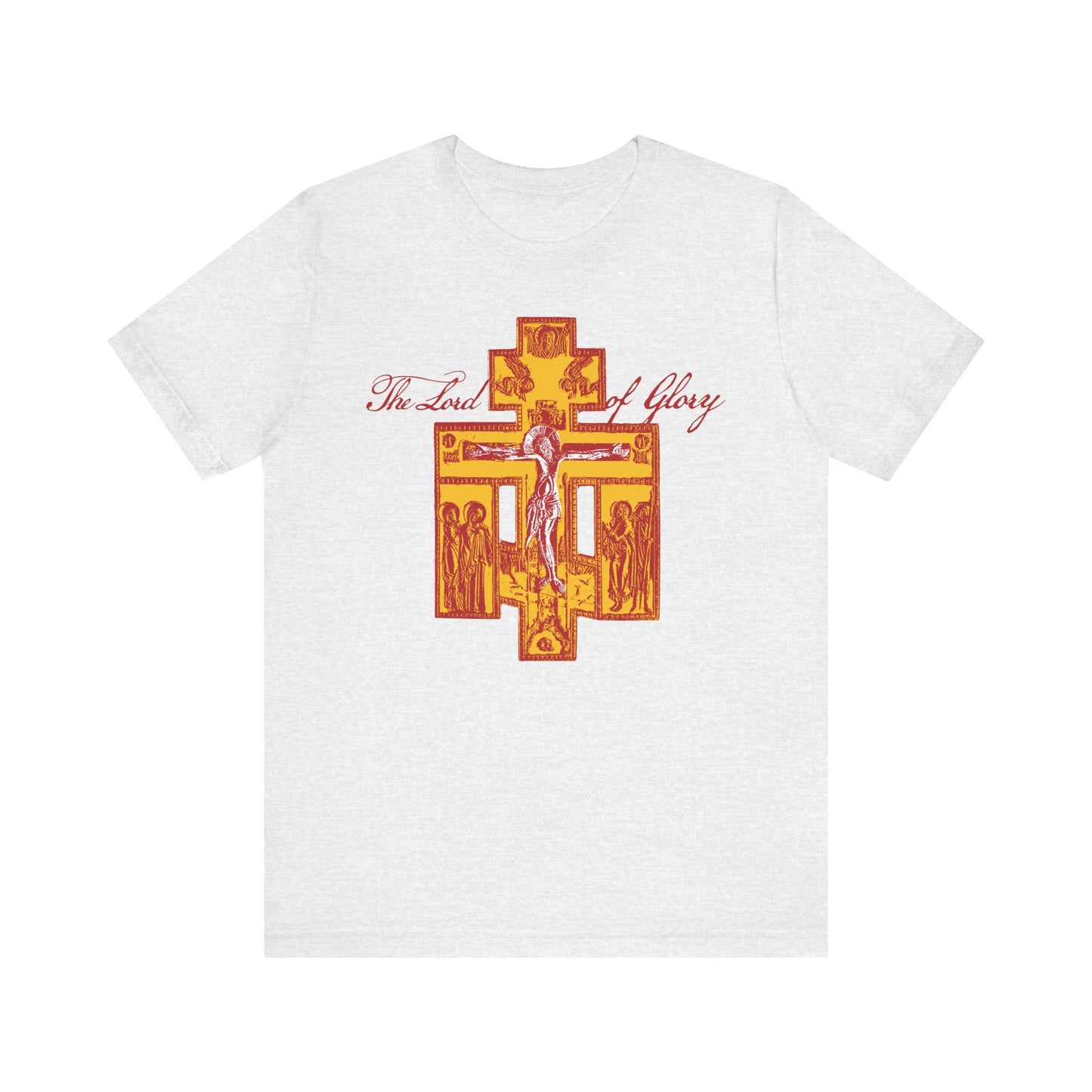 Ash-colored lightweight cotton unisex tee featuring a Russian Golgotha Crucifix Iconographic design with ornate red and yellow cross, religious figures, and "The Lord of Glory" text, inspired by 1 Corinthians 2:8.