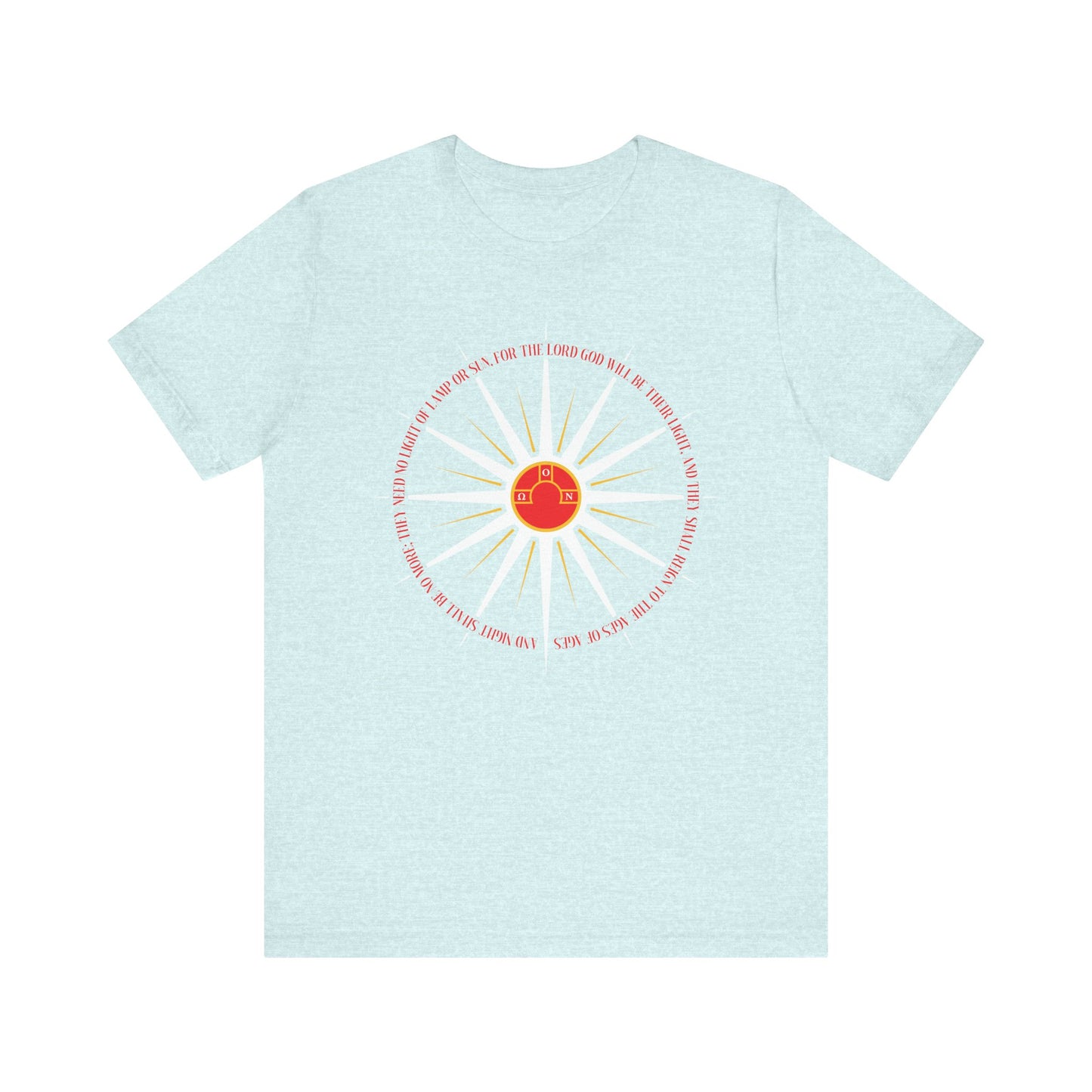 Heather Prism Ice Blue t-shirt featuring blazing sun rays and a small house, inspired by St. Nikolai Velimirovic’s heavenly homeland, with “And Night Shall Be No More (Rev. 22:5)” – an Orthodox Christian apocalyptic design.