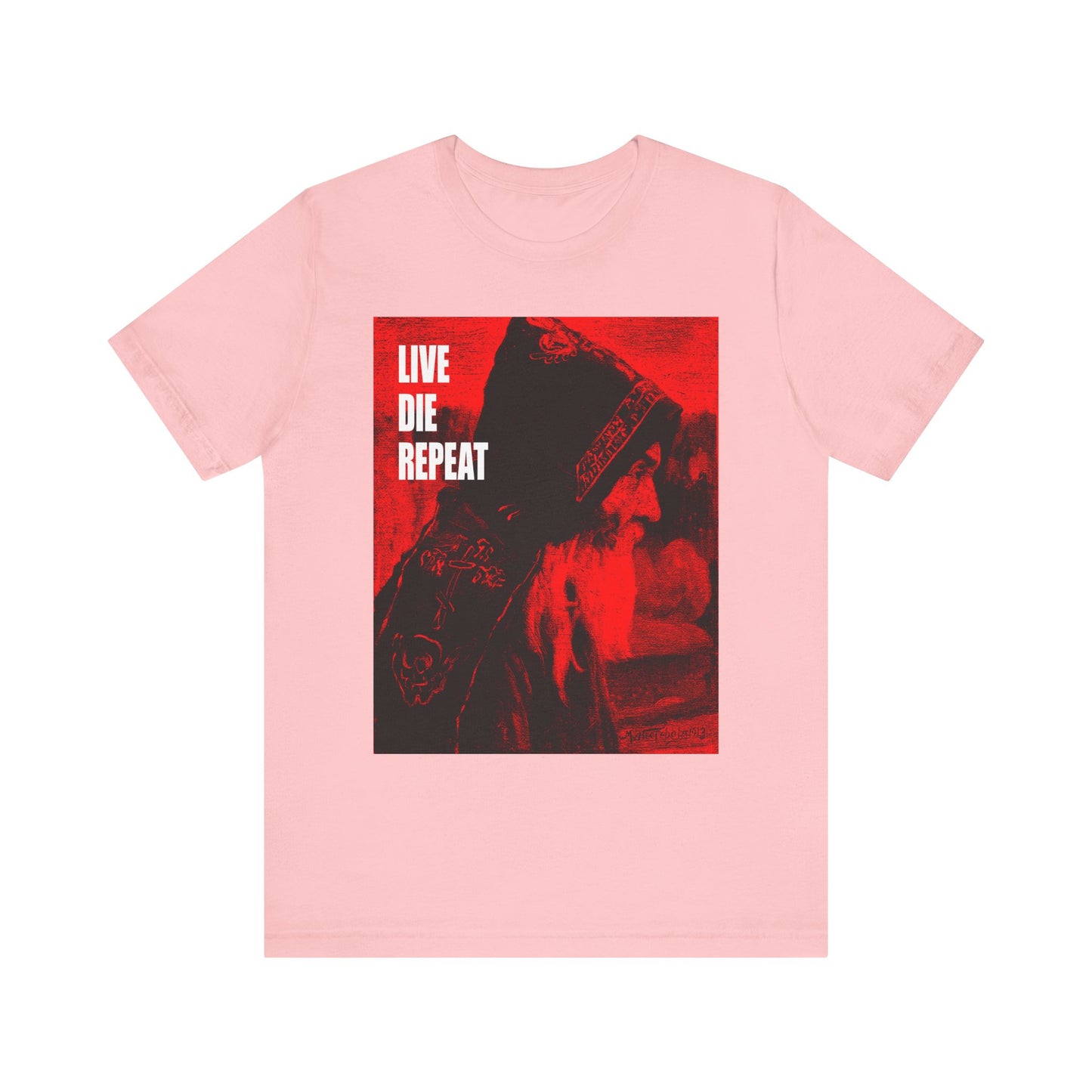 Pink "Live Die Repeat" unisex tee featuring Orthodox monk art by Mikhail Nesterov; lightweight cotton with bold white quote “Die Every Day, You Will Live Forever,” inspired by St Antony the Great.