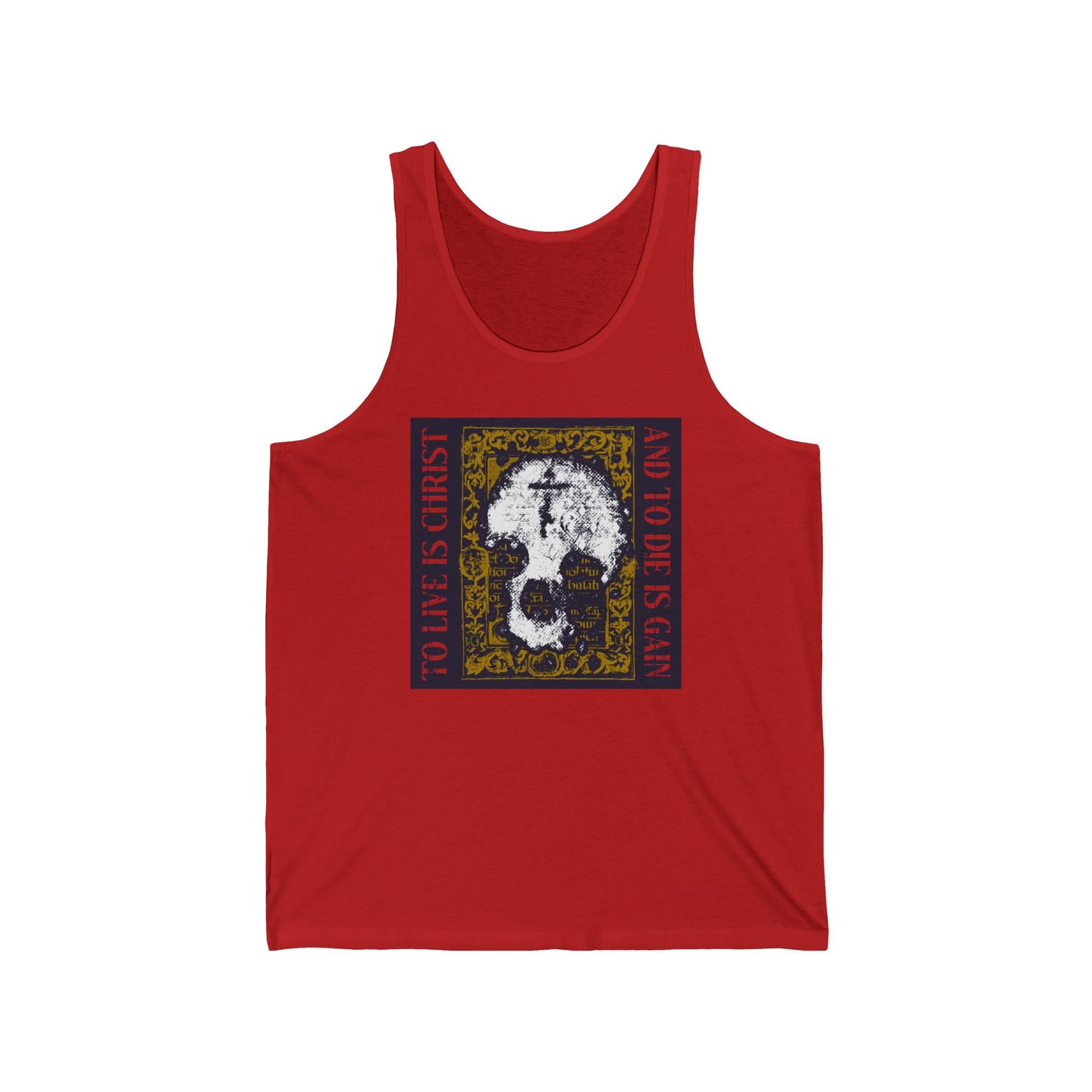 To Live is Christ, to Die is Gain (Philippians 1:21) | Skull with Cross on Gold Manuscript Texture | Orthodox Christian Jersey Tank Top