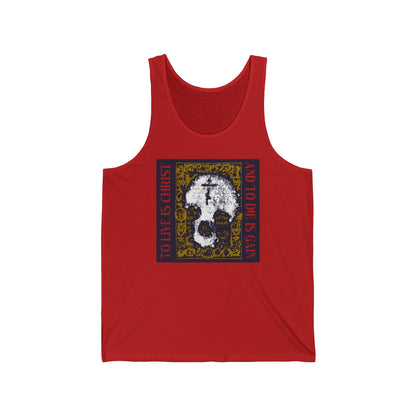 To Live is Christ, to Die is Gain (Philippians 1:21) | Skull with Cross on Gold Manuscript Texture | Orthodox Christian Jersey Tank Top