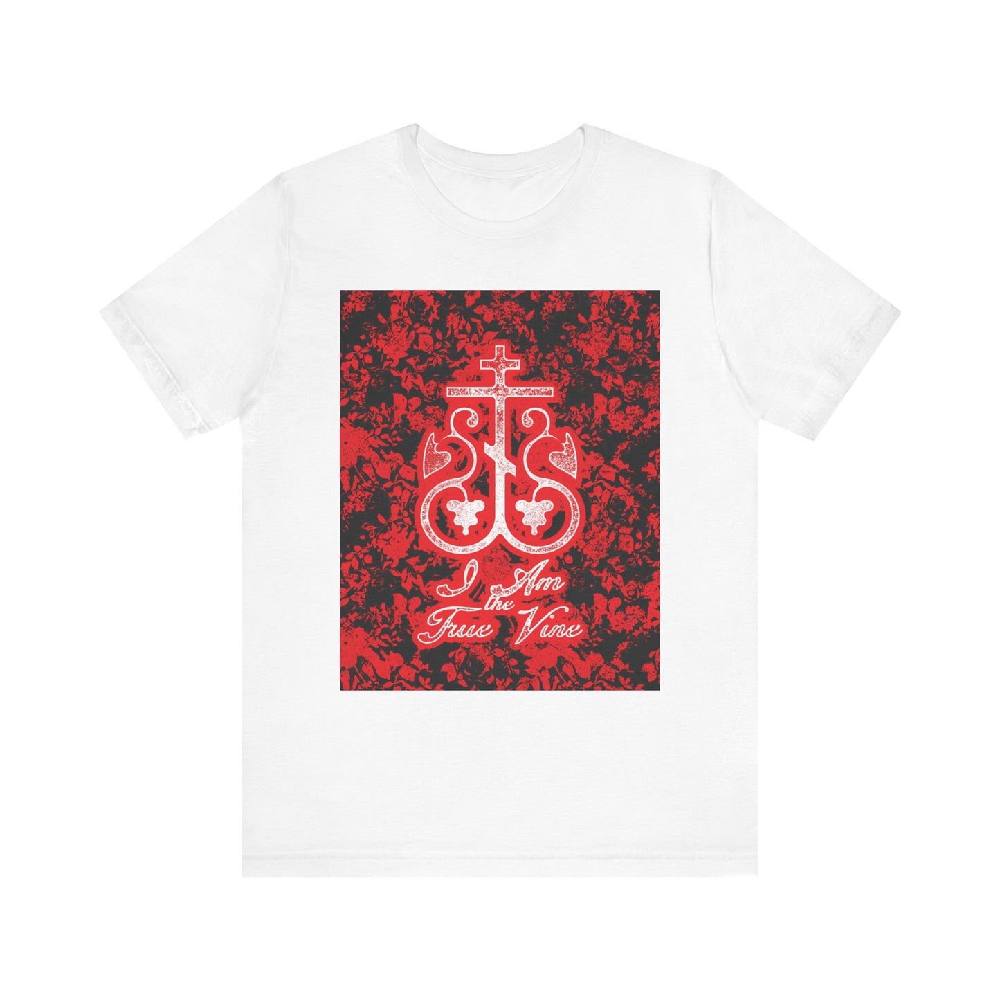 The "I Am the True Vine" unisex tee features a red and black floral Orthodox cross monogram on white cotton, inspired by John 15:1—a meaningful reminder to bear fruit in faith.