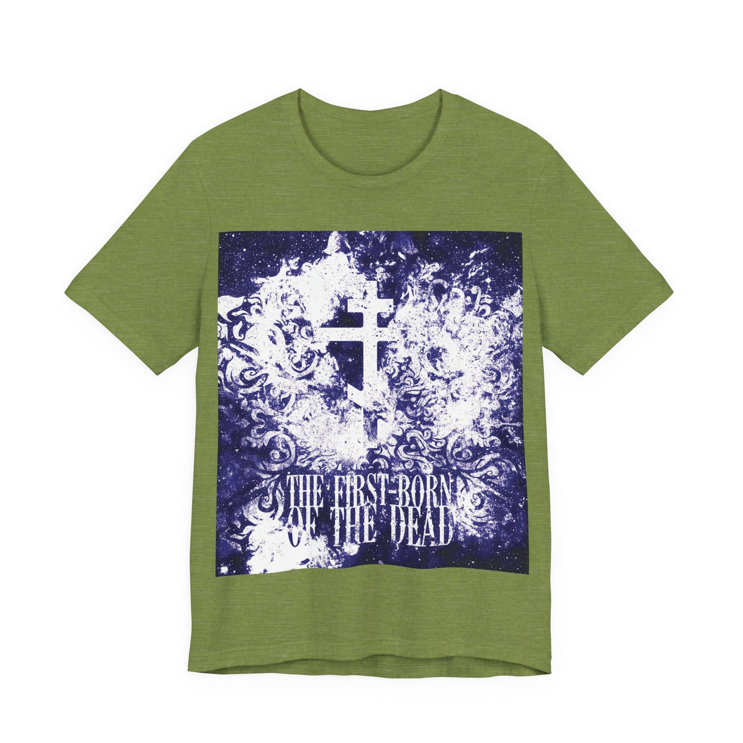 The First-Born of the Dead | Glowing White & Blue Textured Cosmic Orthodox Cross | Resurrection & Apocalypse | Christian Unisex Cotton Tee