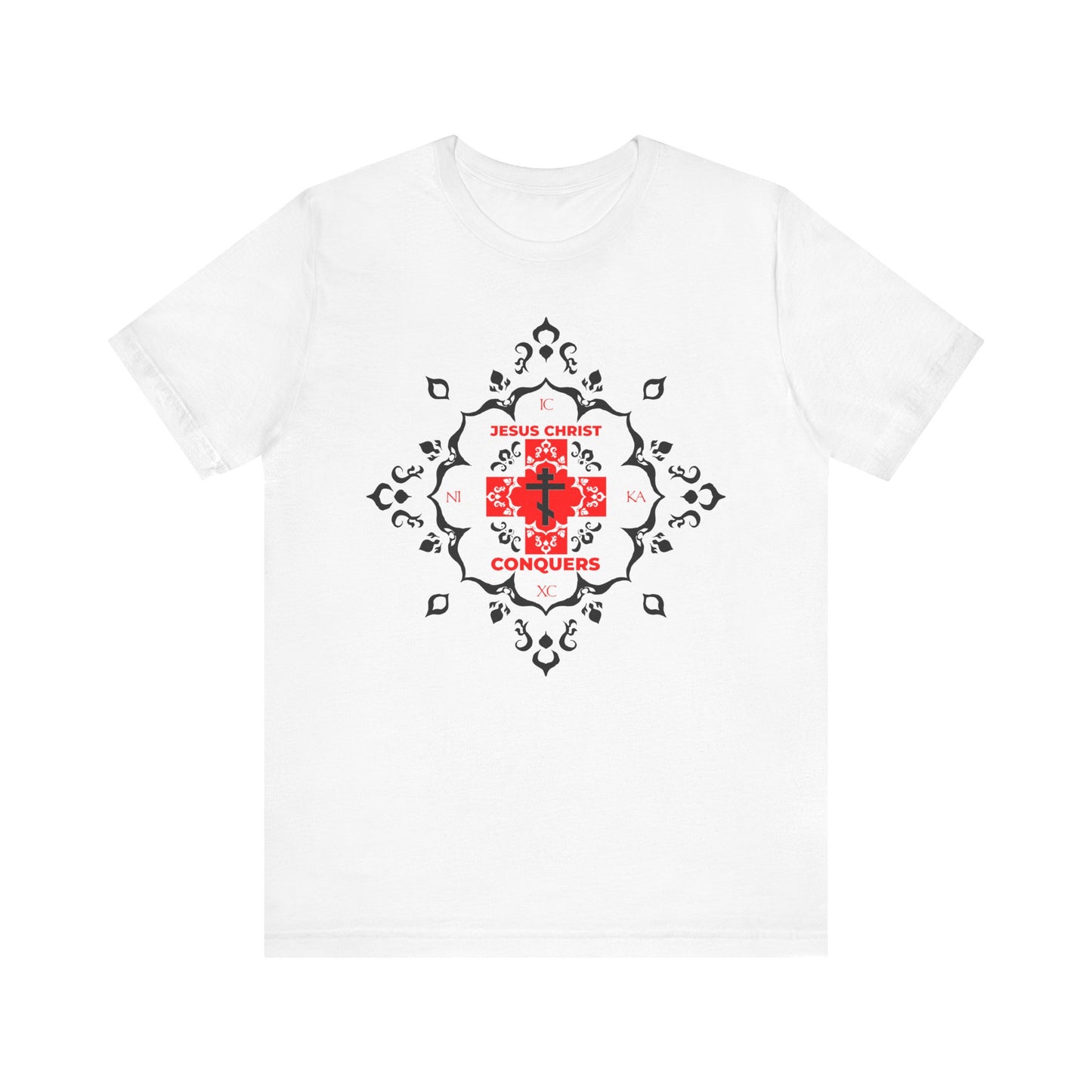White "ICXC NIKA | Jesus Christ Conquers" unisex t-shirt, featuring a red Orthodox cross and modern font with medieval filigree designs on lightweight cotton, inspired by the teachings of St. John Chrysostom.