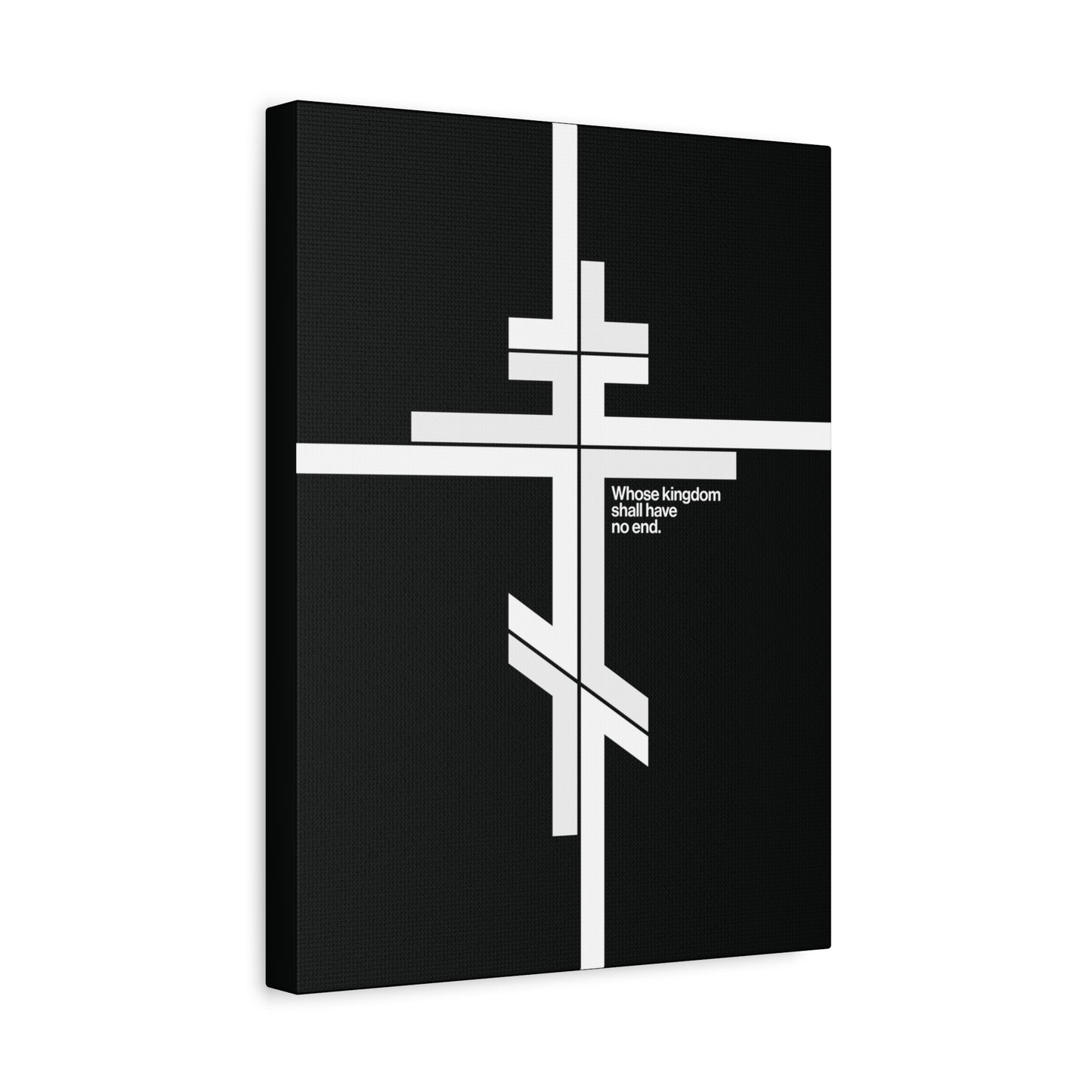 Modernist minimalist black canvas art featuring a white Orthodox cross and the phrase "Whose Kingdom Shall Have No End" (Luke 1:32-33), reflecting Orthodox Christian doctrine.
