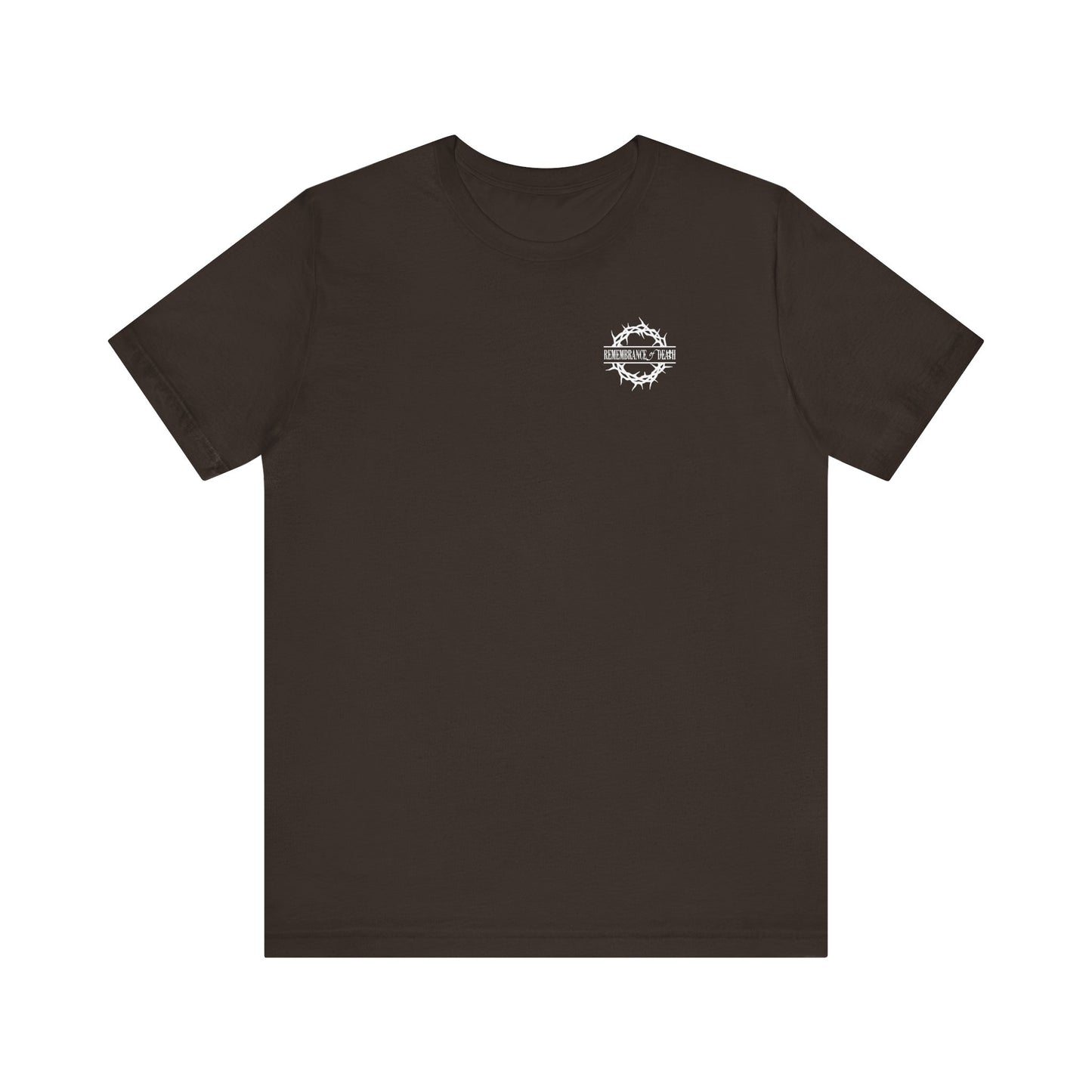 Brown BACK PRINT 2-Sided tee in lightweight cotton, featuring a small white branded logo on the left chest and Christian goth flower cross & skull designs inspired by themes of dispassion.