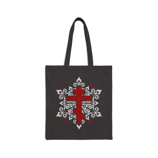 ICXC / NIKA Red Orthodox Cross on Ornate White Medieval Floral Design | Exclusive Best-Selling | Orthodox Christian Tote Bag