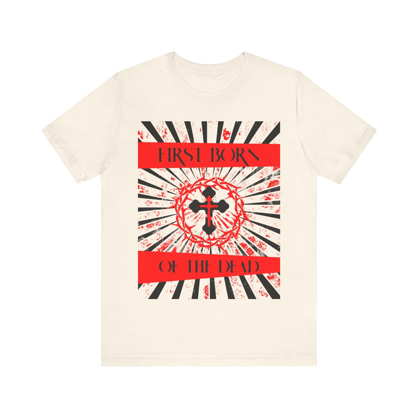 First Born of the Dead | Orthodox Cross and Crown of Thorns | Red White and Black Textured Design with Rays | Orthodox Christian Cotton T-Shirt