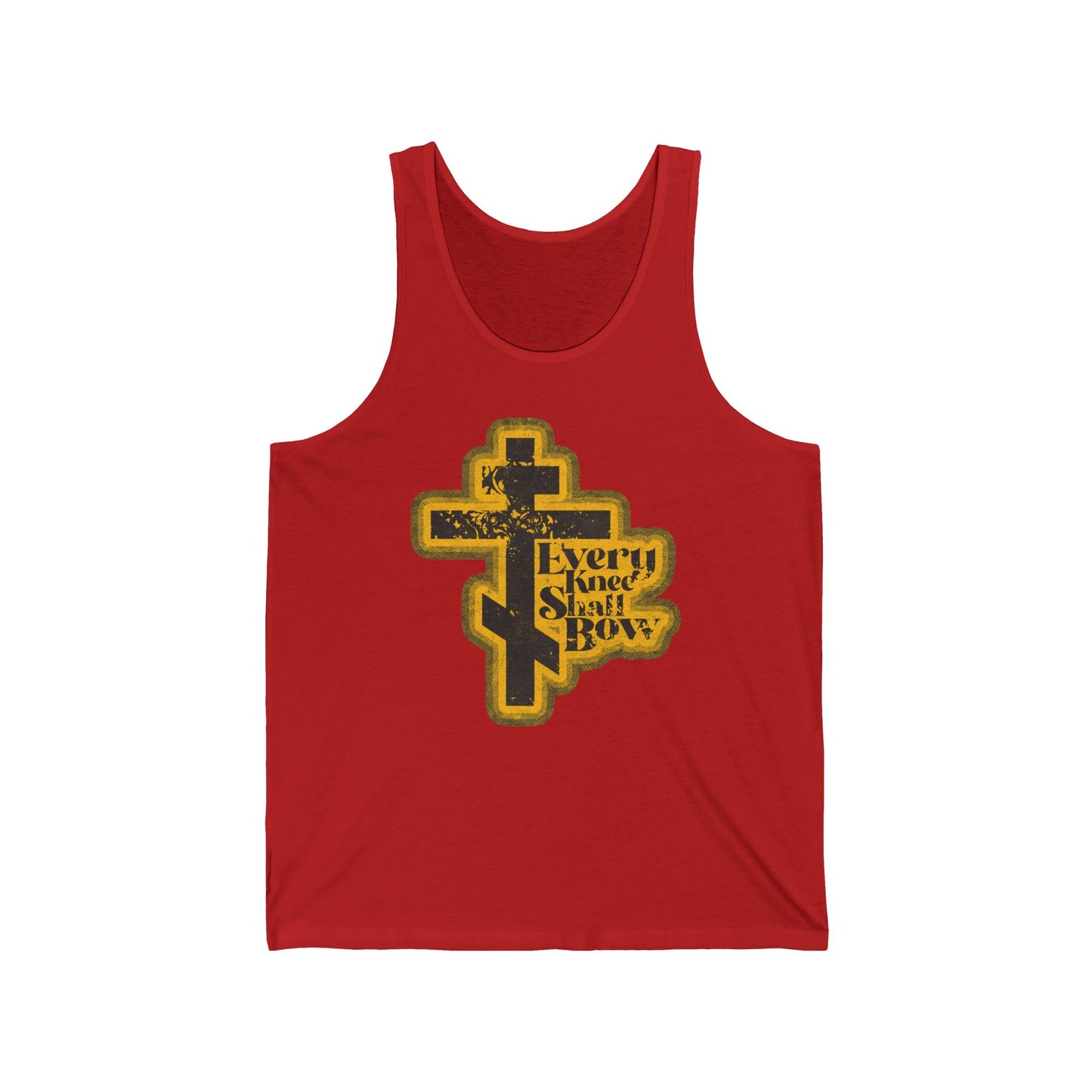 Red tank top with a 70s distressed halftone comic book style, featuring "Every Knee Shall Bow," Philippians 2:10-11, Isaiah 45:23, and boldly proclaiming Jesus Christ is Lord on the front. Orthodox Christian apparel.