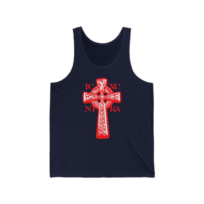 Navy ICXC NIKA Celtic Knotwork Cross tank top with black and white cross on a red background, featuring "Jesus Christ Conquers" in Greek, symbolizing Orthodox Christian faith and salvation.