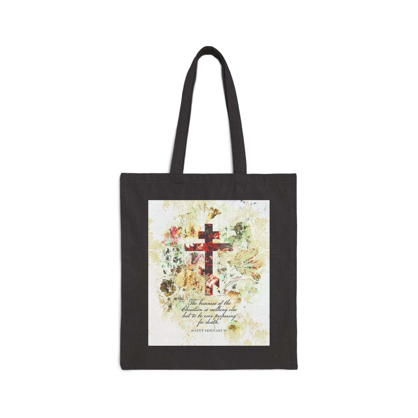 Preparing For Death | White & Beige Floral Scrapbook Texture Cross | Arts & Crafts Style | St Irenaeus | Orthodox Christian Tote Bag