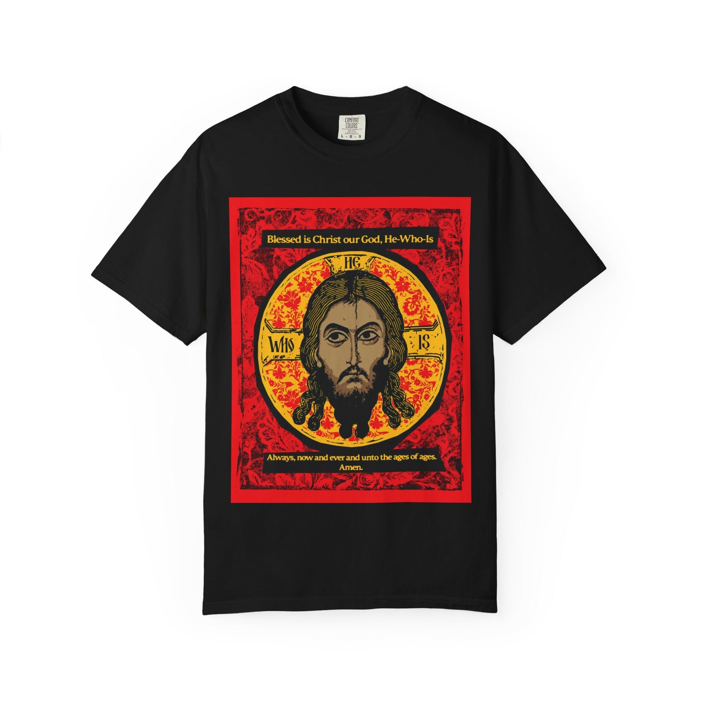 Black heavyweight cotton unisex t-shirt featuring the “Made Without Hands (Mandylion/Image of Edessa)” Jesus Christ Orthodox icon design, with religious text, inspired by Orthodox hymns and Christ veneration.