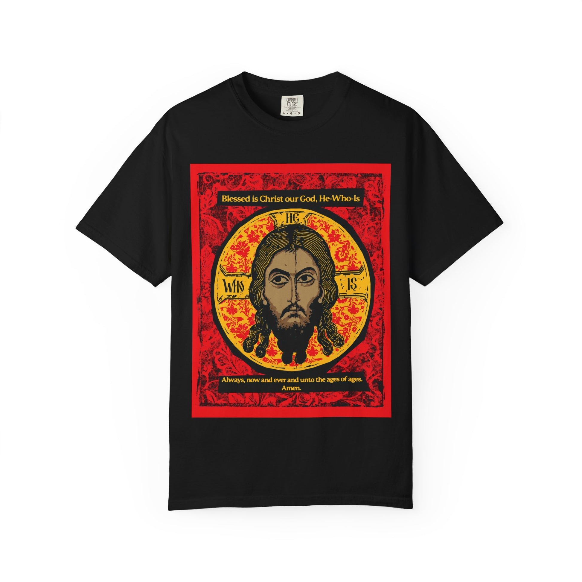 Black heavyweight cotton unisex t-shirt featuring the “Made Without Hands (Mandylion/Image of Edessa)” Jesus Christ Orthodox icon design, with religious text, inspired by Orthodox hymns and Christ veneration.