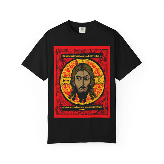 Black heavyweight cotton unisex t-shirt featuring the “Made Without Hands (Mandylion/Image of Edessa)” Jesus Christ Orthodox icon design, with religious text, inspired by Orthodox hymns and Christ veneration.