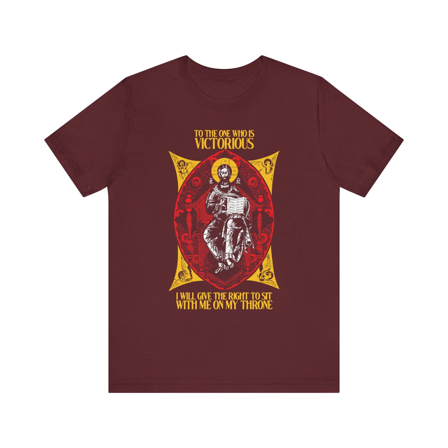 Maroon "Christ is King, Enthroned In Glory" Orthodox tee featuring an icon and the text: "To the one who is victorious I will give the right to sit with me on my throne—Rev 3:21." Lightweight cotton, unisex.