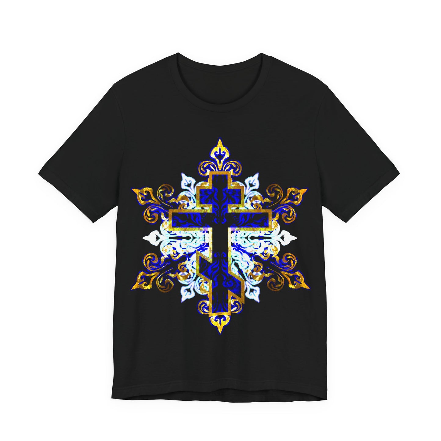 Ornate Glowing Blue White & Gold Cross | Medieval Filigree Design | Orthodox Christian Cotton Unisex T-Shirt