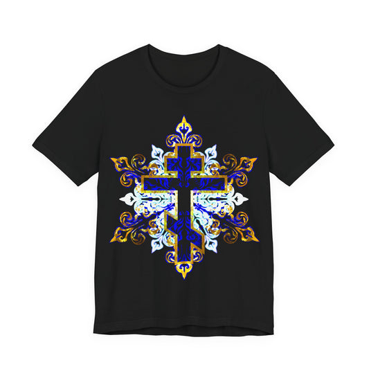 Ornate Glowing Blue White & Gold Cross | Medieval Filigree Design | Orthodox Christian Cotton Unisex T-Shirt