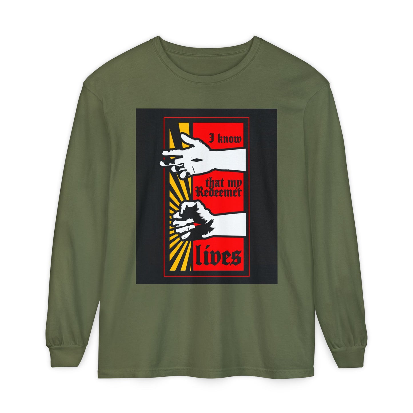 Hemp-colored long-sleeve shirt features a comic book style design of resurrected Jesus’ fist with divine power and the text “I Know That My Redeemer Lives” (Job 19:25), highlighting Orthodox Christian faith.