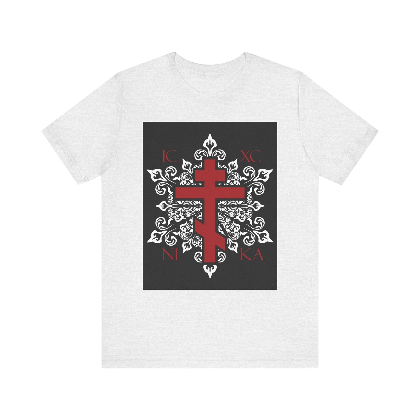 The ICXC / NIKA Red Orthodox Cross on Ornate White Medieval Floral Design tee is a best-selling unisex ash-colored cotton shirt. Featuring bold faith-inspired detail, it’s the perfect blend of Orthodox Christian tradition and modern style.