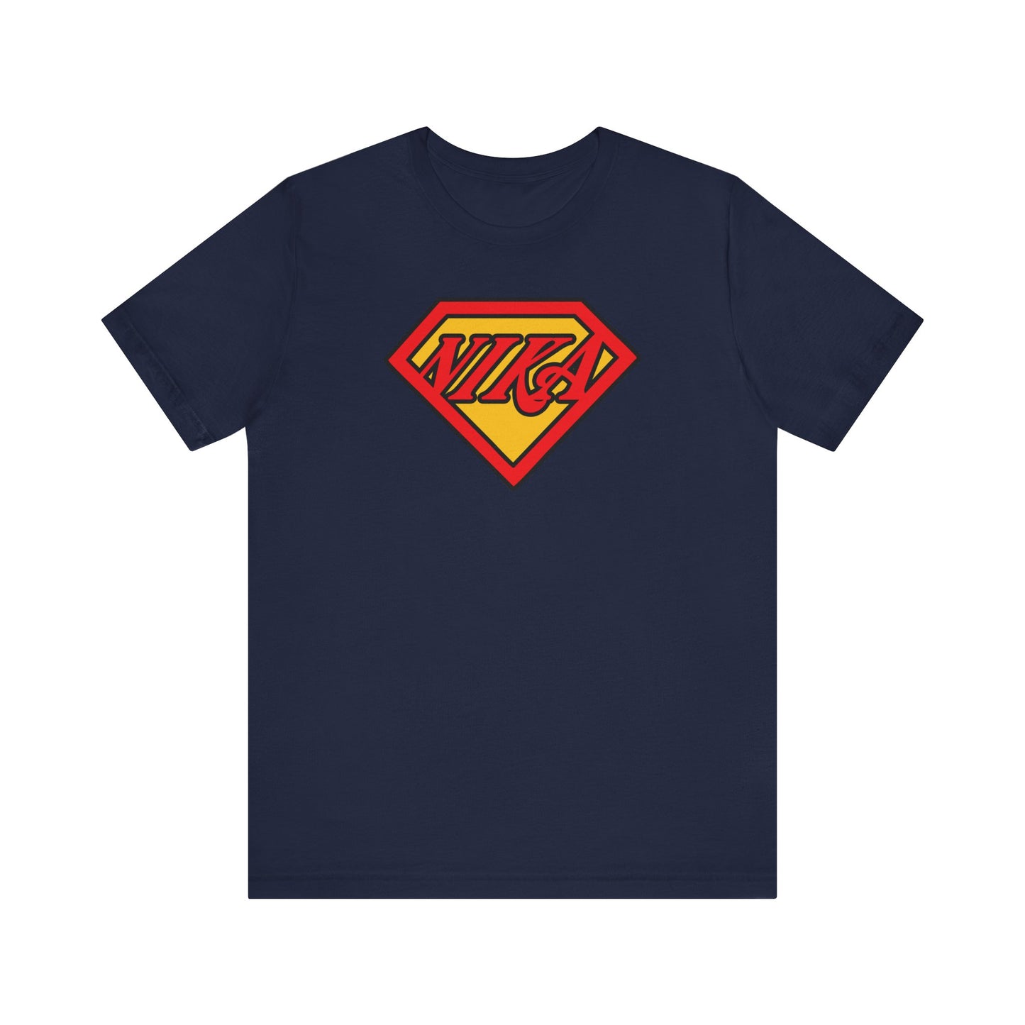 Navy NIKA Superm@n Logo tee—this lightweight unisex cotton shirt features a red and yellow Superman-style emblem with "NIKA" at the center, blending comic book pop culture with Orthodox Christian inspiration from St. John of Kronstadt’s call to conquer passions through faith.