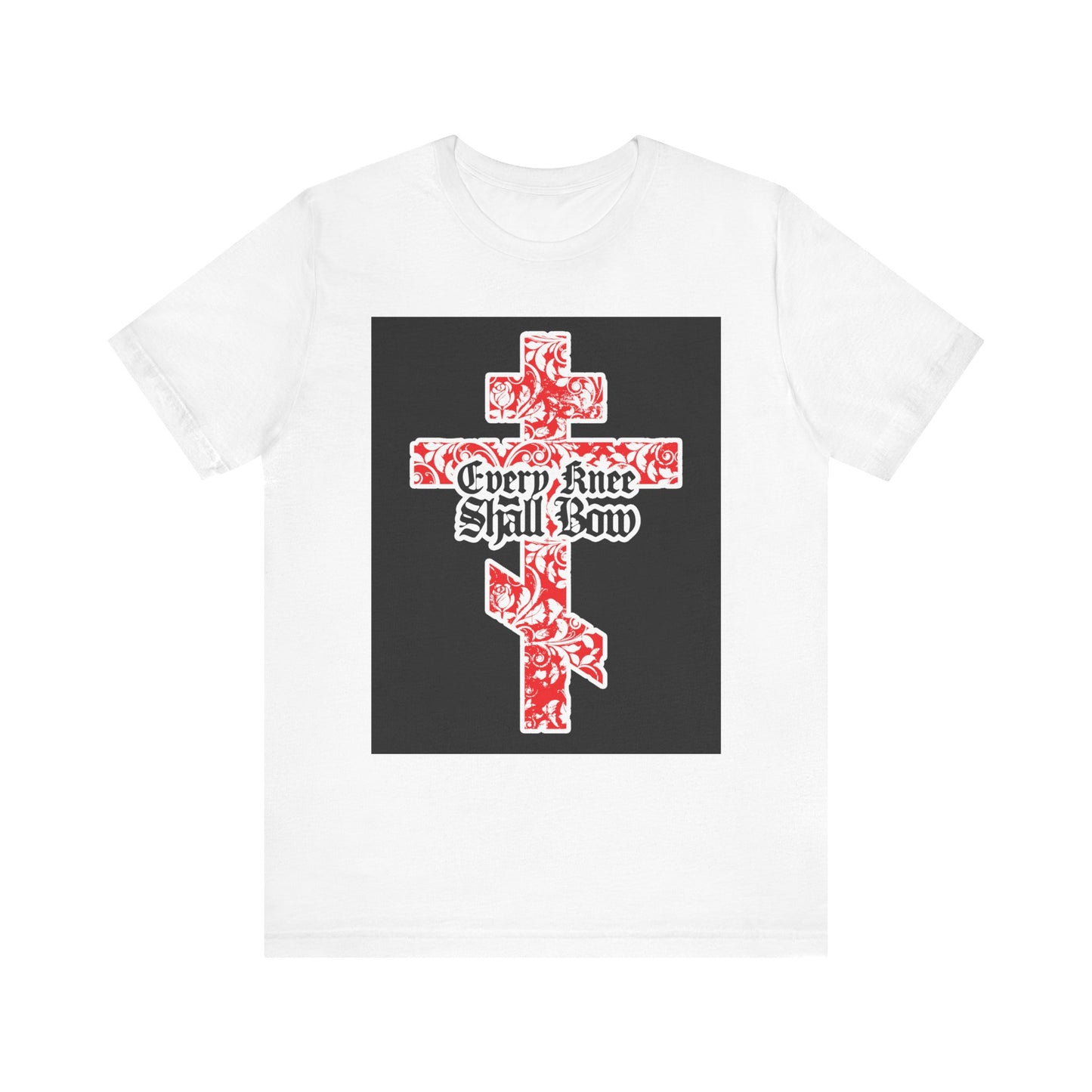 White cotton unisex tee featuring a gold and red floral Orthodox cross with gothic "Every Knee Shall Bow" text (Isaiah 45:22-24, Phil 2:7-11), inspired by Christian faith.