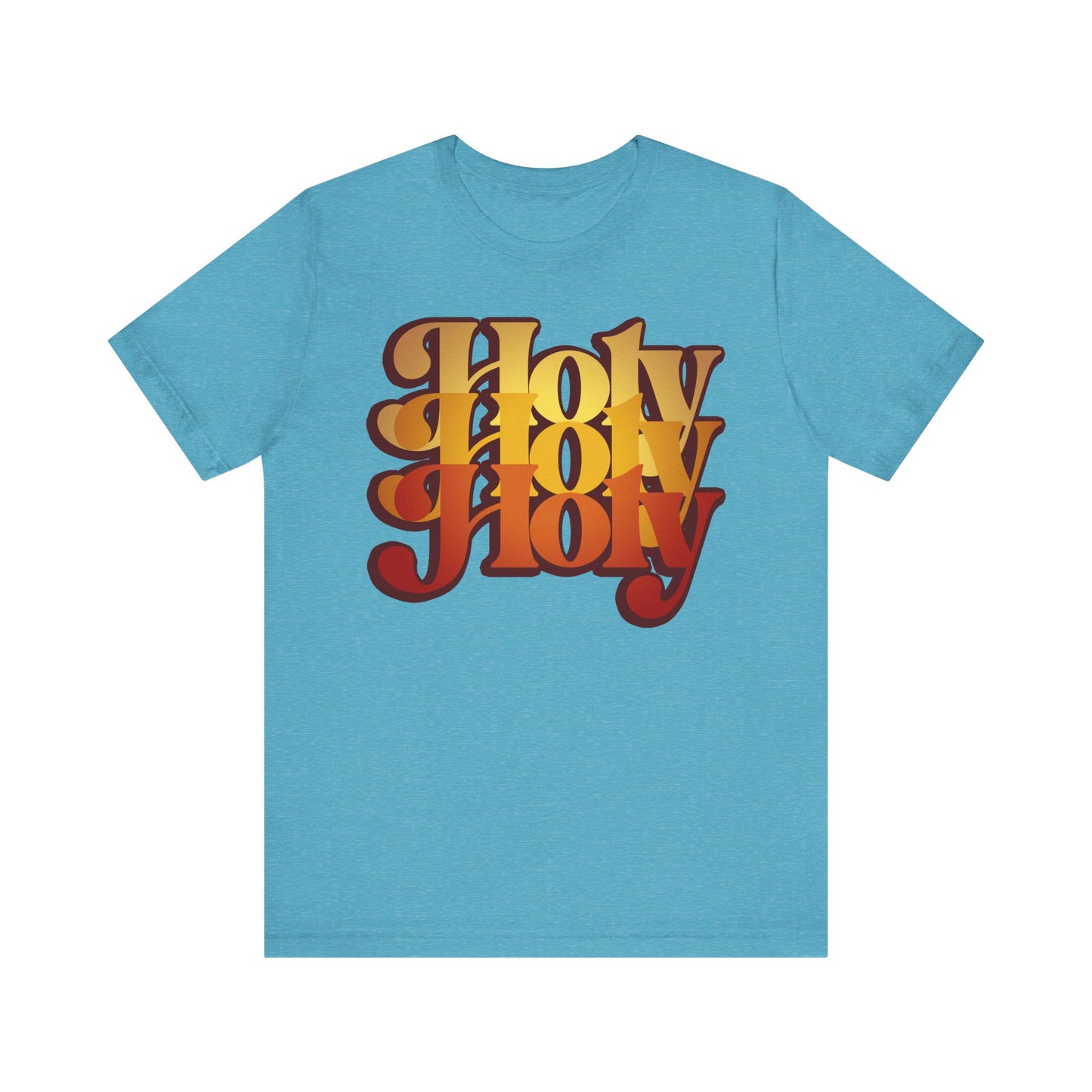 Heather aqua unisex tee featuring "Holy Holy Holy" in bold, retro 70s-style orange and brown gradient letters; inspired by Isaiah 6 Trisagion liturgical prayer with Cherubim & Seraphim design. Orthodox lightweight cotton.