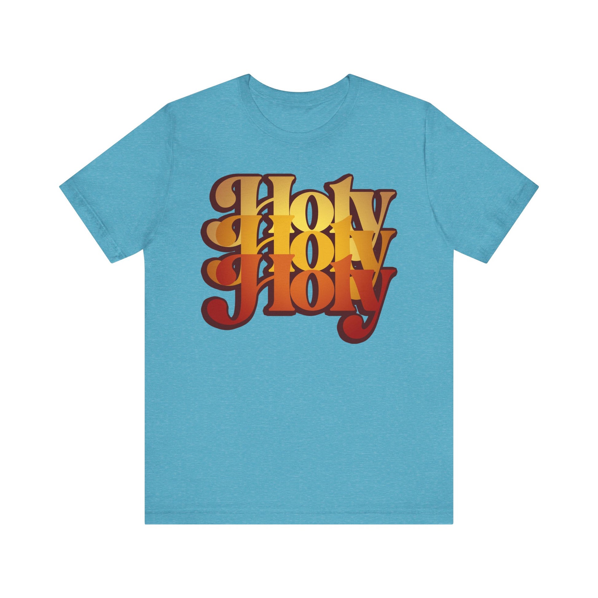 Heather aqua unisex tee featuring "Holy Holy Holy" in bold, retro 70s-style orange and brown gradient letters; inspired by Isaiah 6 Trisagion liturgical prayer with Cherubim & Seraphim design. Orthodox lightweight cotton.