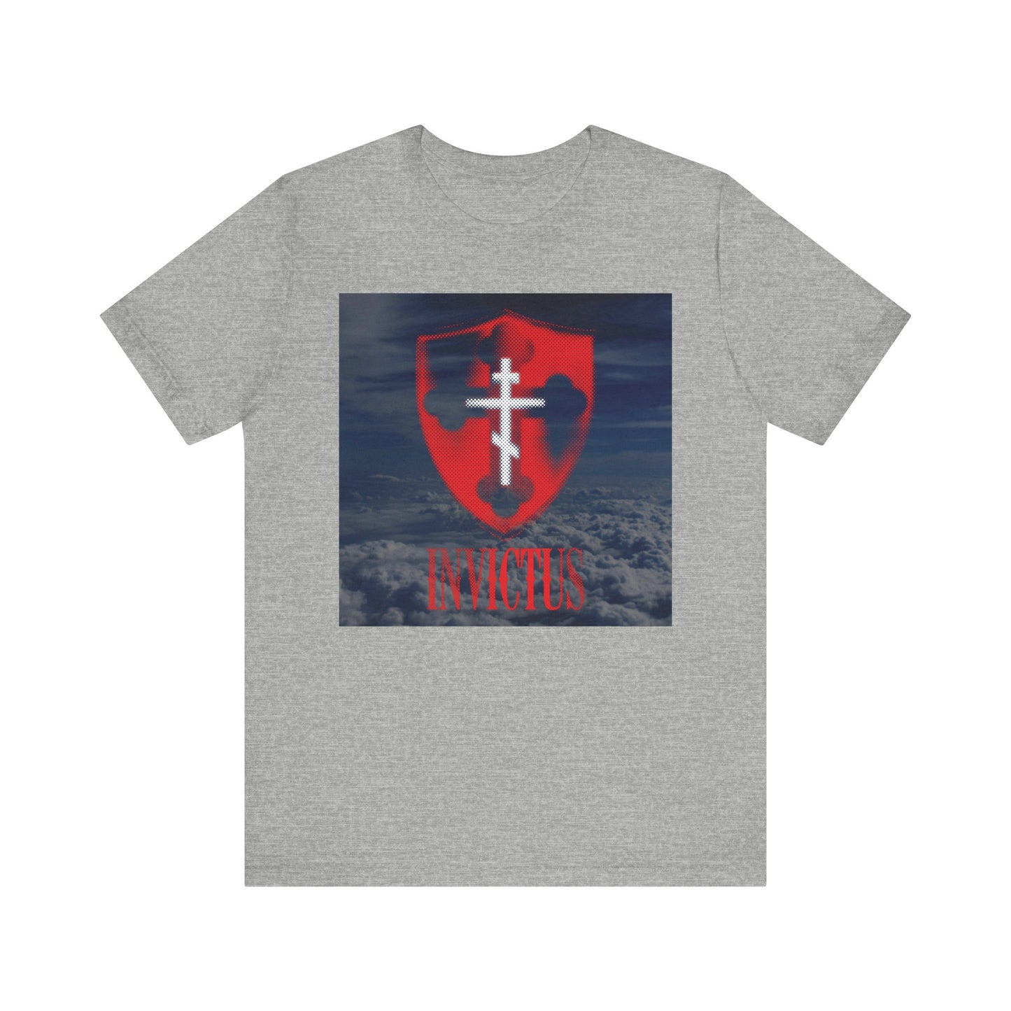 Athletic Heather t-shirt featuring a glowing red halftone shield with a white Orthodox cross and "Christ Unconquered" lettering against a cloud background—showcasing the Invictus design and inspired by 1 Corinthians 15:54, “Death is swallowed up in victory,” as a bold symbol of immortality.
