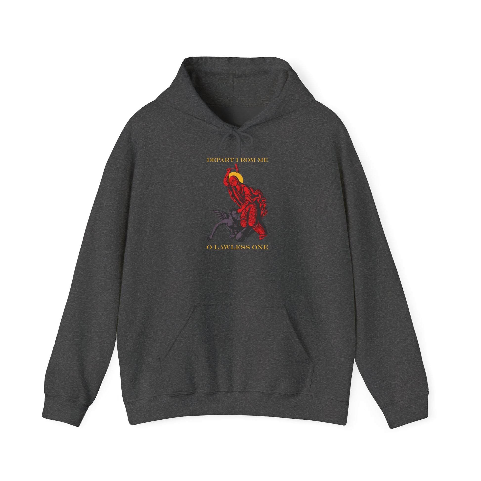 Dark Heather hoodie featuring the St Marina IconoGraphic (Depart from Me O Lawless One) design, with a red and black creature graphic and yellow text inspired by the Great Martyr Marina beating the devil with a hammer—an Orthodox Christian design.