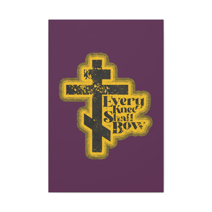A yellow outlined Orthodox cross with "Every Knee Shall Bow," "Philippians 2:10-11," and "Isaiah 45:23" text in a 70s distressed halftone comic book style on purple, featured as Christian wall art.