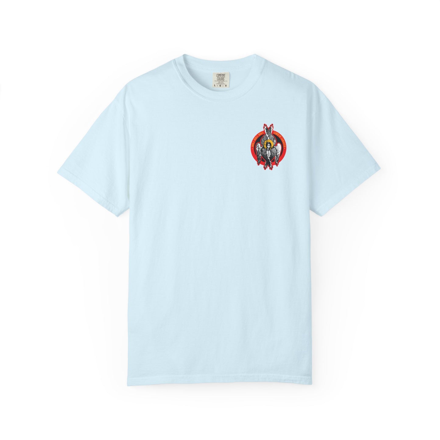 Chambray heavyweight tee featuring a small, colorful seraphim angel icon on the left chest — inspired by Orthodox imagery and symbolizing spiritual purity. Unisex fit from the Holy Holy Holy Heavenly Hosts Divine Council collection.