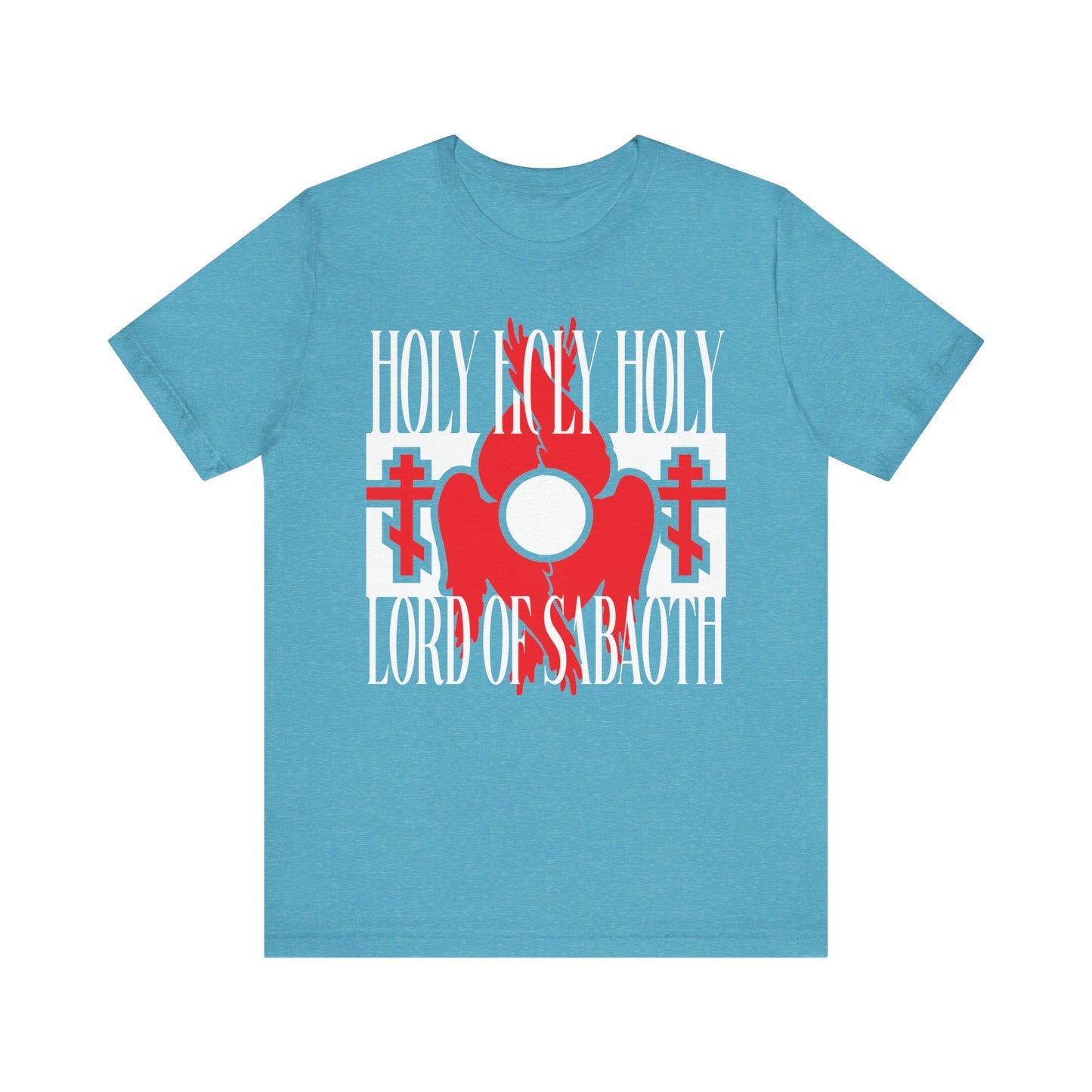 Heather Aqua t-shirt featuring red seraphim wings, two Orthodox crosses, and "Holy Holy Holy Lord of Sabaoth (Isaiah 6:3)" text—a Christian unisex cotton tee inspired by the Divine Liturgy.