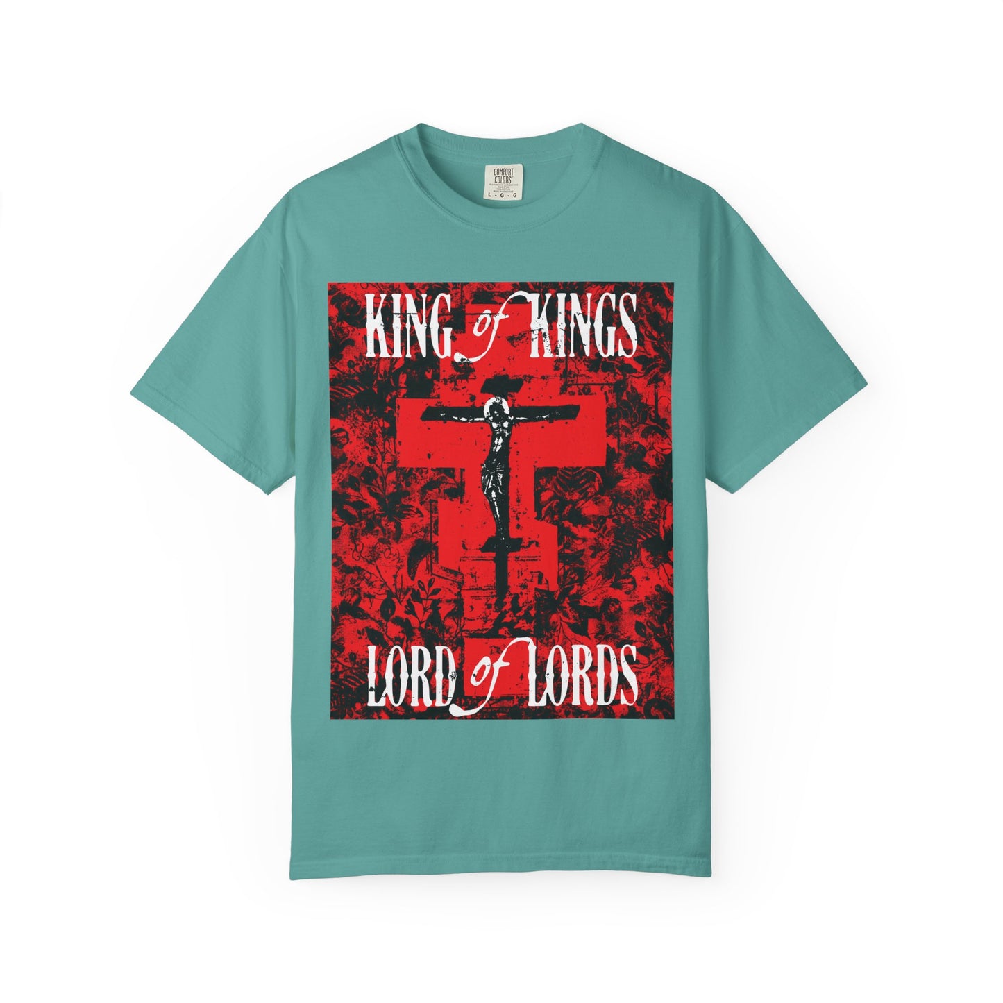 King of Kings, Lord of Lords | Christ Crucified Icono-Graphic | Red Cross Nature Texture w/ White Text | Heavyweight Cotton Unisex Tee