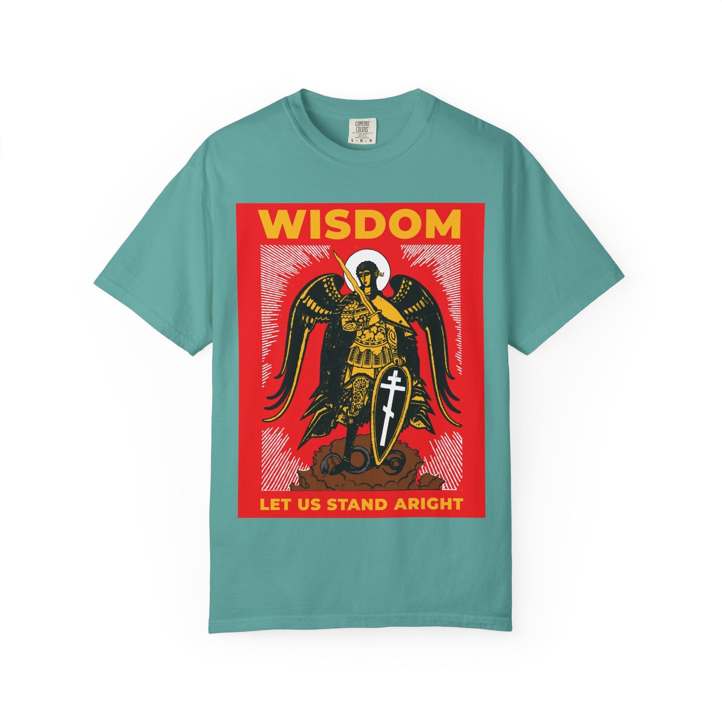 Seafoam tee featuring Archangel Michael with shield and sword, inspired by Revelation 12. Bold “WISDOM” and “LET US STAND ARIGHT” text in red and yellow. Russian illustration on heavyweight cotton. Orthodox unisex fit.