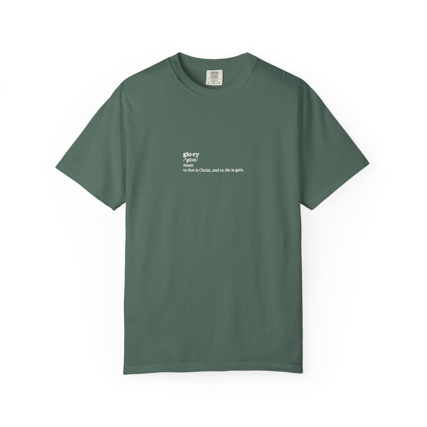 Blue Spruce heavyweight cotton tee with “To Live is Christ, to Die is Gain” (Phil 1:21) in white—an inspiring reflection on memento mori, Christian martyrdom, and ascetic faith. Unisex fit.